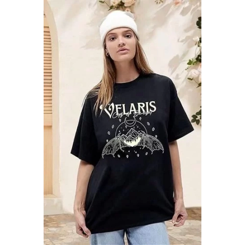 Kadın Bisiklet Yaka Baskılı T-shirt - Siyah