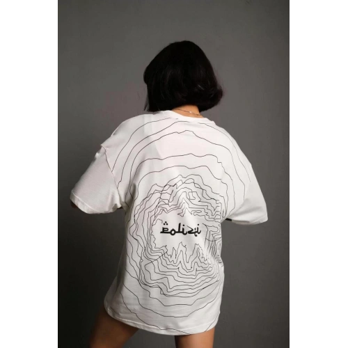 Kadın Bisiklet Yakalı Sırt Baskılı Oversize T-Shirt - Beyaz