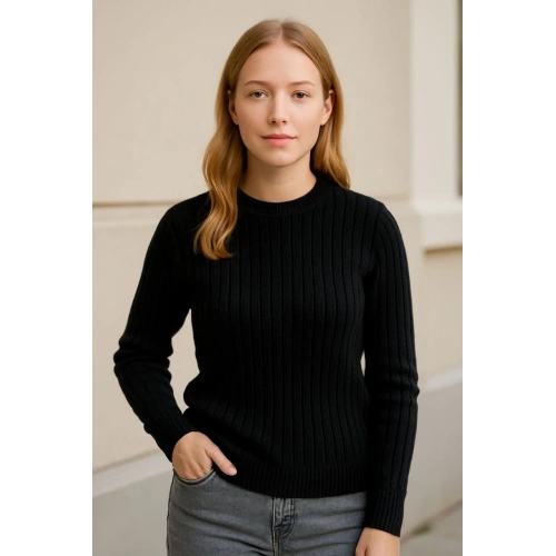 Kadın Bisiklet Yuvarlak Yaka Triko Kazak Pamuklu Kalın Fitilli Dokuma, Regular Fit Uzun Kollu Kışlık Model - Siyah