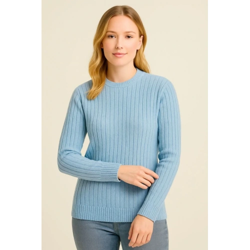 Kadın Bisiklet Yuvarlak Yaka Triko Kazak Pamuklu Kalın Fitilli Dokuma, Regular Fit Uzun Kollu Kışlık Model - Bebe Mavisi