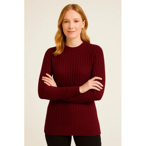 Kadın Bisiklet Yuvarlak Yaka Triko Kazak Pamuklu Kalın Fitilli Dokuma, Regular Fit Uzun Kollu Kışlık Model - Bordo
