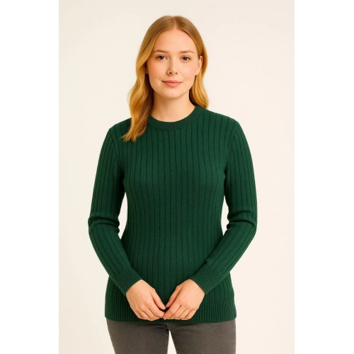 Kadın Bisiklet Yuvarlak Yaka Triko Kazak Pamuklu Kalın Fitilli Dokuma, Regular Fit Uzun Kollu Kışlık Model - Haki