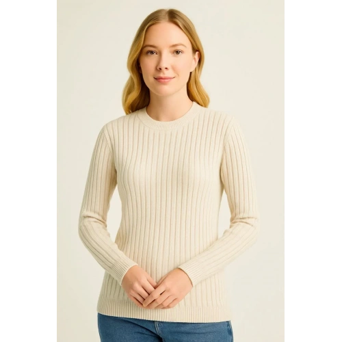 Kadın Bisiklet Yuvarlak Yaka Triko Kazak Pamuklu Kalın Fitilli Dokuma, Regular Fit Uzun Kollu Kışlık Model - Bej