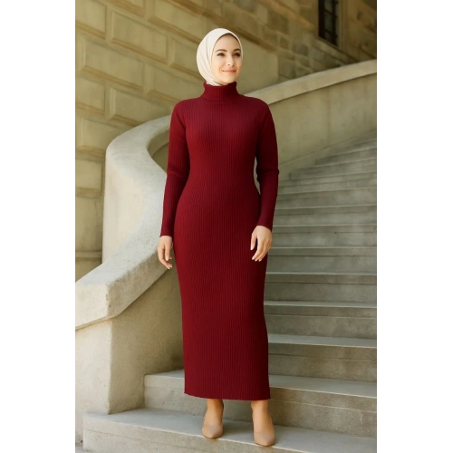Kadın Boğazlı Uzun Fitilli Tesettüre Uygun Triko Dokuma Elbise - Bordo