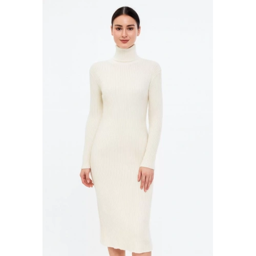 Kadın Boğazlı Triko Elbise – Uzun Fitilli Esnek Dokuma, Tam Kalıp, Kışlık & Baharlık Şık Rahat Stil, 130 cm Midi Boy Elbise - Beyaz