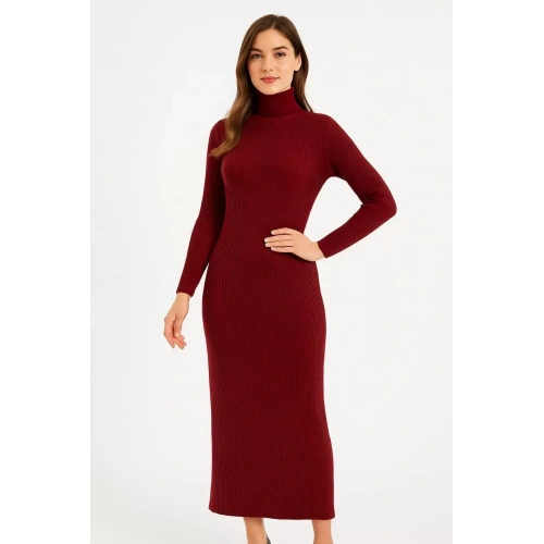 Kadın Boğazlı Uzun Fitilli Triko Dokuma Elbise - Bordo