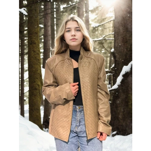 Kadın Fileli Deri Ceket - Krem