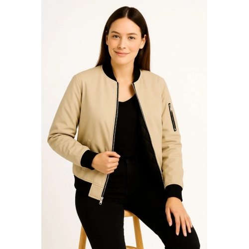 Kadın Bomber Mont Ceket – Fermuarlı, Kapitone İçi Astarlı, Su İtici Kumaş, Regular Fit, Yandan Cepli, Günlük Bahar & Kış Şık Rahat Stil - bej