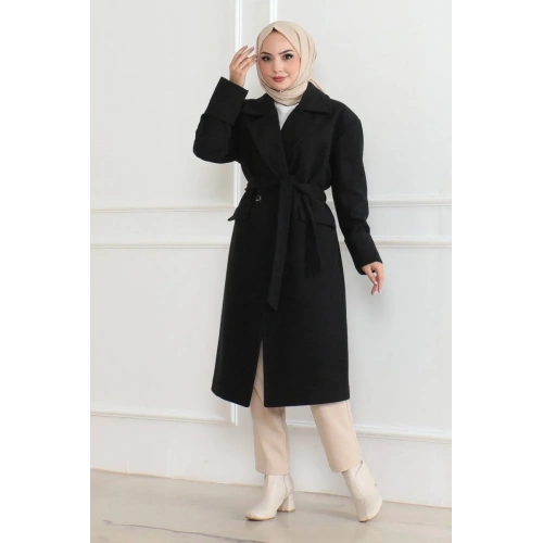 Kadın Kaşe Kaban – Uzun Boy Kruvaze Yaka, Kuşaklı Tesettür Kışlık Kaban, Astarlı Şık Yünlü Dokuma Oversize Rahat Kalıp, Cepli Modern Kaşe Mont Modeli - Siyah