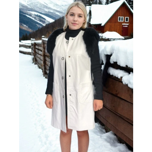 Kadın Kolsuz Hakiki Deri Kürk - Beyaz