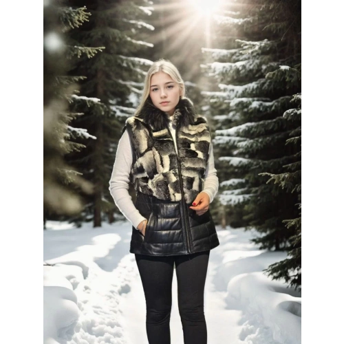 Kadın Kolsuz Hakiki Deri Kürk - Siyah