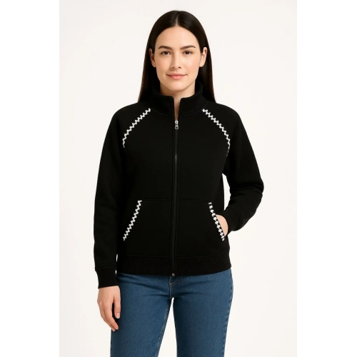 Kadın Oversize Dik Yaka Fermuarlı Sweatshirt - Zincir Nakışli Kanguru Cepli, - Siyah