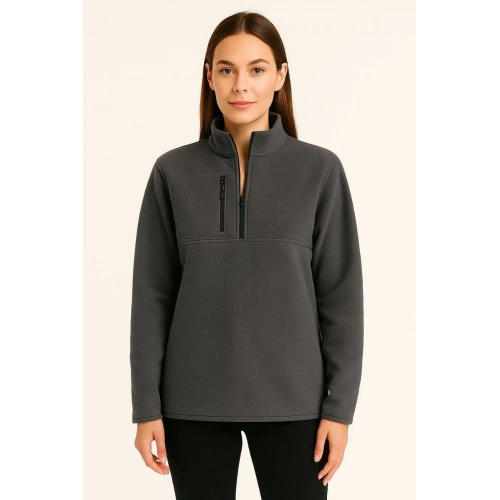 Kadın Polar Kazak – Dik Yaka, Yarım Fermuarlı, Fermuarlı Göğüs Cepli, Siyah Biyeli, Kışlık Rahat Regular Fit Günlük Model - Füme