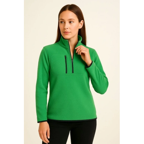 Kadın Polar Kazak – Dik Yaka, Yarım Fermuarlı, Fermuarlı Göğüs Cepli, Siyah Biyeli, Kışlık Rahat Regular Fit Günlük Model - Yeşil