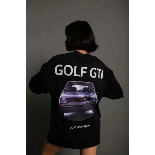 Kadın Oversize Baskılı Tişört – Golf GTI Retro Araba Desenli, Ön & Arka Dijital Baskı, Sokak Modası Stil - Siyah
