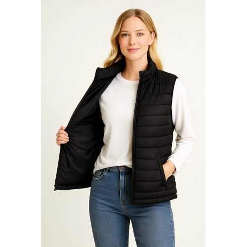 Kadın Şişme Fermuarlı Yelek Su itici Kapitone Astarlı Kumaş Cepli Hafif Kışlık Spor Rahat Kalıp - Siyah