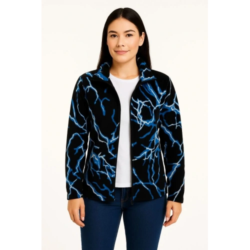 Kadın Tam Fermuarlı Desenli Polar Sweat Lightning Desen Yakalı, Uzun Kollu, Oversize Rahat Kalıp - Siyah