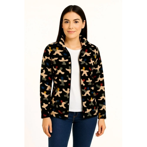 Kadın Tam Fermuarlı Desenli Polar Sweat – Siyah Multicolor Figür Desen Yakalı, Uzun Kollu, Oversize Rahat Kalıp - Siyah