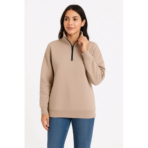 Kadın Üç İplik Dık Yaka Yarım Fermuarlı SweatShirt - Bej