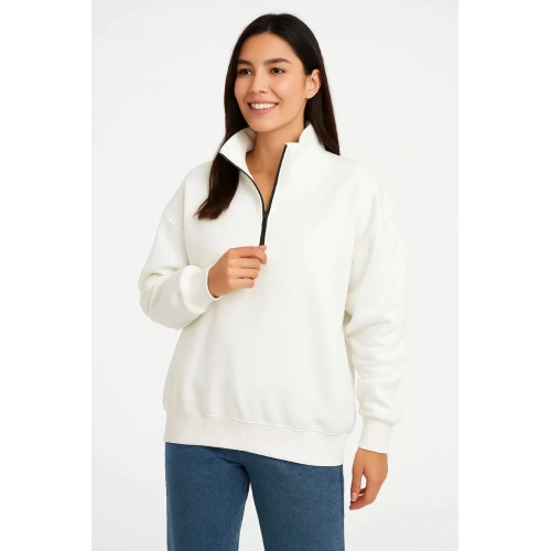 Kadın Üç İplik Dık Yaka Yarım Fermuarlı SweatShirt - Beyaz