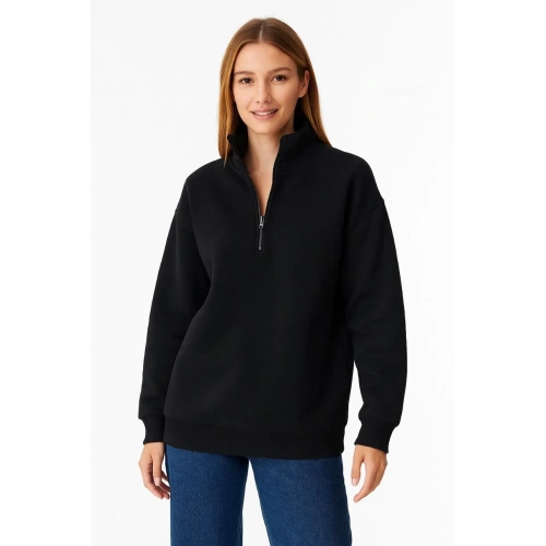Kadın Üç İplik Dık Yaka Yarım Fermuarlı SweatShirt - Siyah
