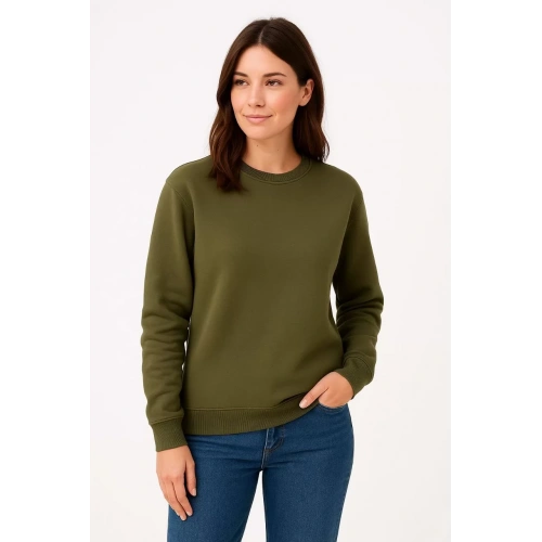 Kadın Üç İplik Düz Bisiklet Yaka SweatShirt - Haki