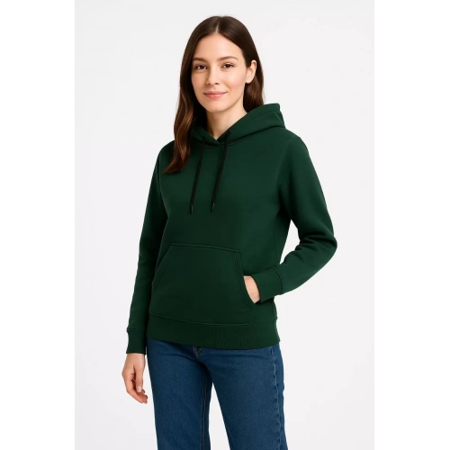 Kadın Üç İplik Kapüşonlu Kanguru Cepli Sweatshirt hoodie - Haki