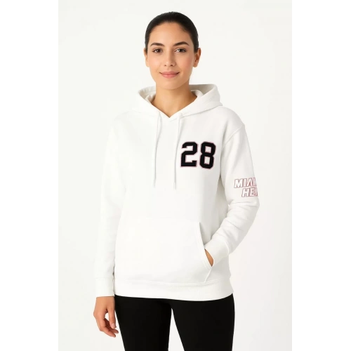 Kadın Üç İplik Kapüşonlu Ön ve Arka Baskılı SweatShirt hoodie - Beyaz