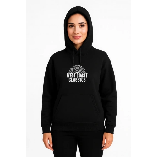 Kadın Kapşonlu Sweatshirt – Oversize Üç İplik Şardonlu Hoodie, “West Coast Classics” Ön & Arka Baskılı, Kanguru Cepli Kışlık Günlük Stil - Siyah