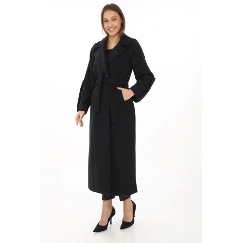 Kadın Uzun Kaşe Kaban – Yünlü Dokuma Kaşmir Kumaş, Kruvaze Yaka, Kuşaklı Astarlı Tesettür Uyumlu Şık Kışlık Siyah Model - Siyah