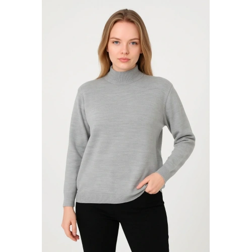 Kadın Yarım Boğaz Triko Kazak yumuşak dokulu Pamuklu ince Dokuma, uzun kollu Rahat Regular kalıp - Gri