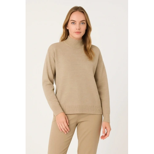 Kadın Yarım Boğaz Triko Kazak yumuşak dokulu Pamuklu ince Dokuma, uzun kollu Rahat Regular kalıp - Bej