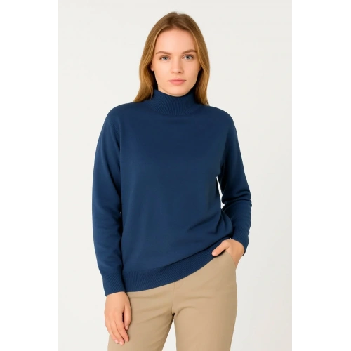 Kadın Yarım Boğaz Triko Kazak yumuşak dokulu Pamuklu ince Dokuma, uzun kollu Rahat Regular kalıp - İndigo