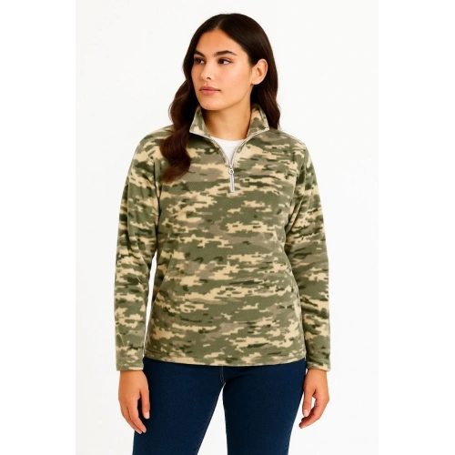 Kadın Yarım Fermuarlı Desenli Polar Sweat – Haki Kamuflaj Yakalı, Uzun Kollu, Oversize Rahat Kalıp - Haki