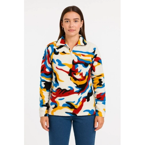 Kadın Yarım Fermuarlı Desenli Polar Sweat – Renkli Abstract Desen Yakalı, Uzun Kollu, Oversize Rahat Kalıp - Beyaz