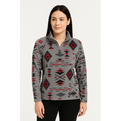 Kadın Yarım Fermuarlı Desenli Polar Sweat Tribal Etnik Desen Yakalı, Uzun Kollu, Oversize Rahat Kalıp - Füme