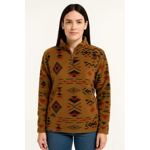 Kadın Yarım Fermuarlı Desenli Polar Sweat Tribal Etnik Desen Yakalı, Uzun Kollu, Oversize Rahat Kalıp - Kahverengi