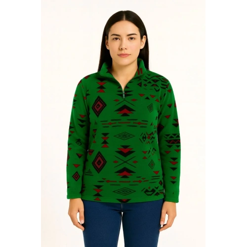Kadın Yarım Fermuarlı Desenli Polar Sweat Tribal Etnik Desen Yakalı, Uzun Kollu, Oversize Rahat Kalıp - Yeşil