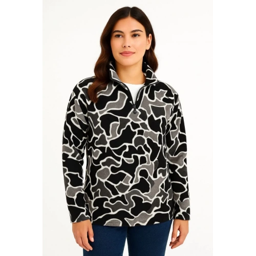 KADIN Yarım Fermuarlı Desenli Polar Sweat Yakalı, Uzun Kollu, Oversize Rahat Kalıp - Siyah