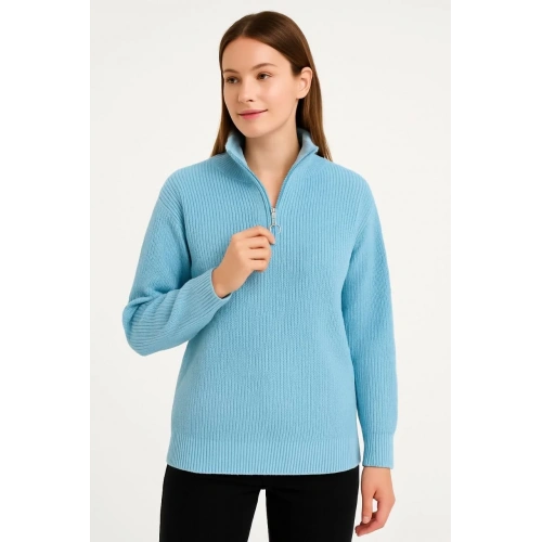 Erkek Yarım Fermuarlı Triko Kazak – Selanik Örgü, Dik Yaka, Pamuklu Dokuma, Regular Fit Uzun Kollu Kışlık Model -  Mint Yeşili