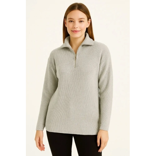 KADIN Yarım Fermuarlı Triko Kazak – Selanik Örgü, Dik Yaka, Pamuklu Dokuma, Regular Fit Uzun Kollu Kışlık Model - Gri