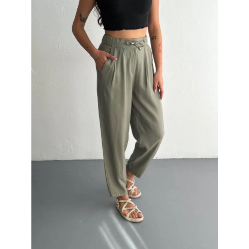 Kadın Yüksel Bel Beli Bağcıklı Cepli Rahat Paça Pantalon - Su Yeşili