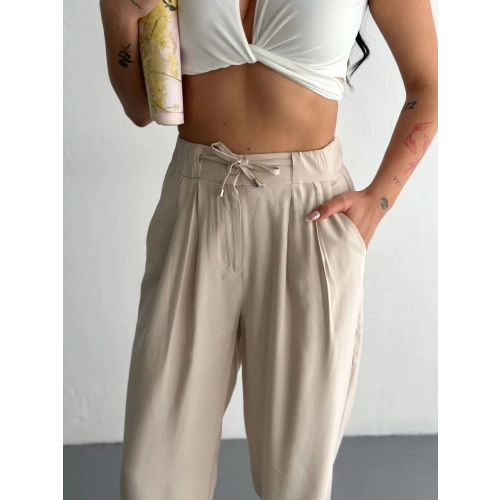 Kadın Yüksel Bel Beli Bağcıklı Rahat Boru Paça Pantalon - Kırık Beyaz