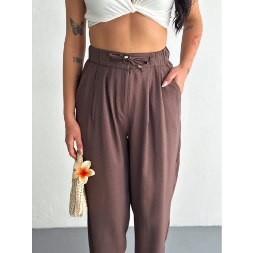 Kadın Yüksel Bel Rahat Boru Paça Pantalon - Kahverengi