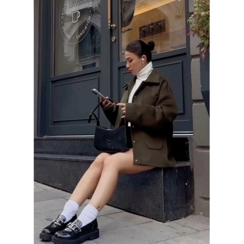 Kaşe Kaşmir kumaş cep ve çıt çıt düğme detay Bleazer pinterest ceket mont - Haki