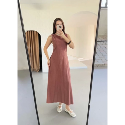 Keten Kolsuz Uzun Sırtı Kapalı Bisiklet Yaka Elbise - Gül Kurusu