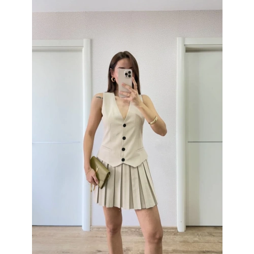 Keten Takım Görünümlü Düğme Detaylı Yelekli Mini Elbise - Bej