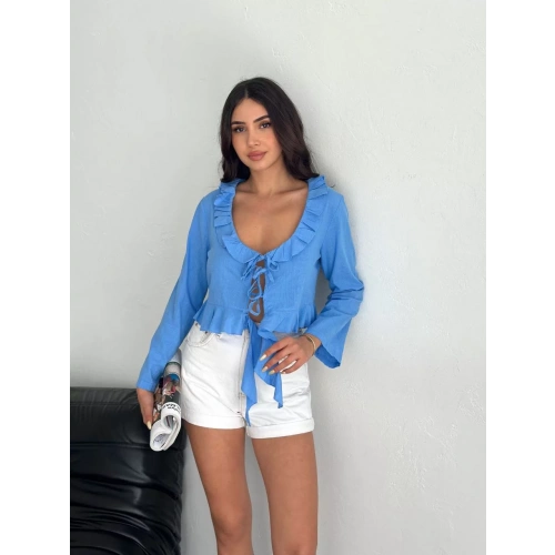 Keten Uzun Kol Bağacık Detaylı Bluz - Mavi