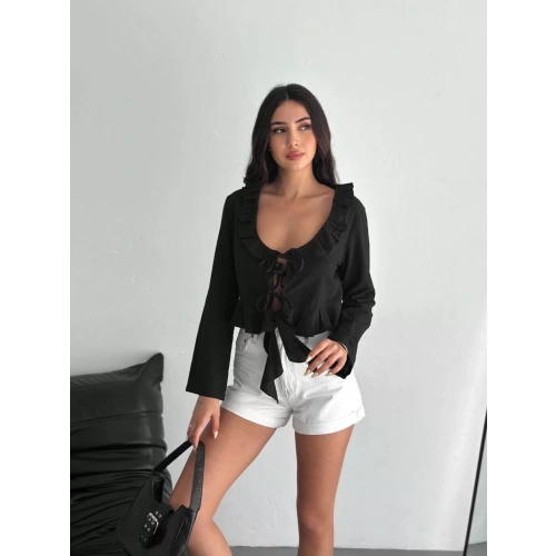 Keten Uzun Kol Bağacık Detaylı Bluz - Siyah