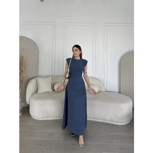 Keten Yandan Yırtmaçlı Uzun Elbise Sıfır Kol Elbise - Mavi